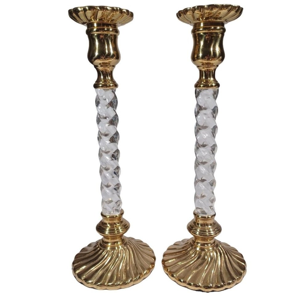 Hollywood Regency Brass Clear Lucite Spiral Twist 13" Candlestick Candle Holders - Picture 3 of 4